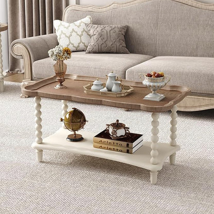 Function Home Farmhouse Coffee Table, Rustic White French Country Center Table with Storage Shelf, Wood Coffee Tables for Living Room Dining Room, Natural Tray Top and Vintage White Spindle Legs