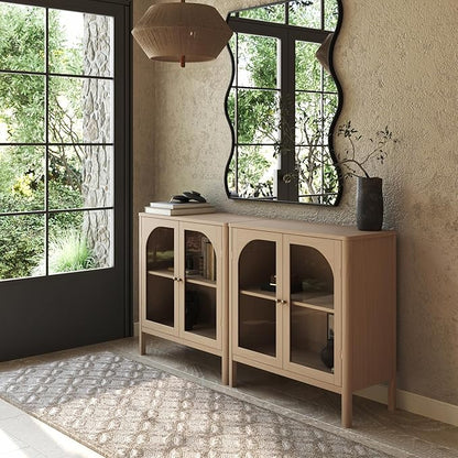 Nathan James Mason Modern Farmhouse TV Stand, Free Standing Accent Sideboard Buffet, Cabinet with Glass Doors and Adjustable Shelf, Clear Glass/Raw Oak Set of 2