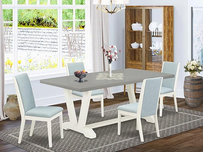 East West Furniture V097LA015-5 5 Piece Modern Dining Table Set Includes a Rectangle Wooden Table with V-Legs and 4 Baby Blue Linen Fabric Upholstered Chairs, 40x72 Inch, Multi-Color