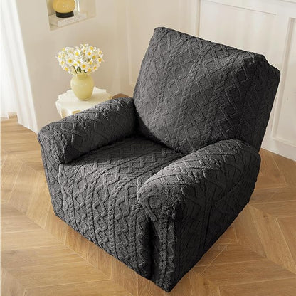 vctops 4 Pieces Geometric Jacquard Plush Recliner Slipcovers Soft Fuzzy Fluffy Sofa Couch Cover Anti-Slip Furniture Protector with Elastic Bottom for Kids Cats Dogs(Dark Grey,1 Seat)