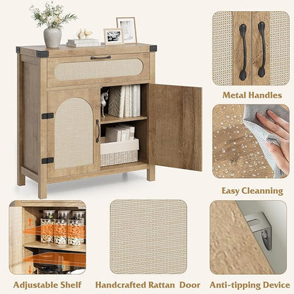 Garvee 29.9'' Small Rattan Buffet Cabinet with Storage, Kitchen Coffee Bar Cabinet with Doors and Drawer, Boho Farmhouse Sideboard with Adjustable Shelves and Handle for Living Room, Natural