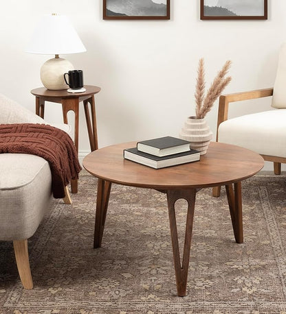 Kate and Laurel Kershaw Mid-Century Modern Round Coffee Table, 30 x 30 x 19, Walnut Brown, Transitional Circle Living Room Table with Solid Mango Wood Construction and Tapered Hairpin Legs