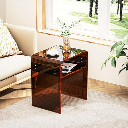 Clear Acrylic End Table 2-Tier Bedside Nightstand for Living Room Bedroom (1, Dark Brown)