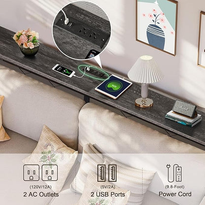 VECELO 55In Extra Long Narrow Sofa/Console Table with Charging Station & Power Outlet and USB Ports, for Entryway, Living Room, Office, Industrial, Grey