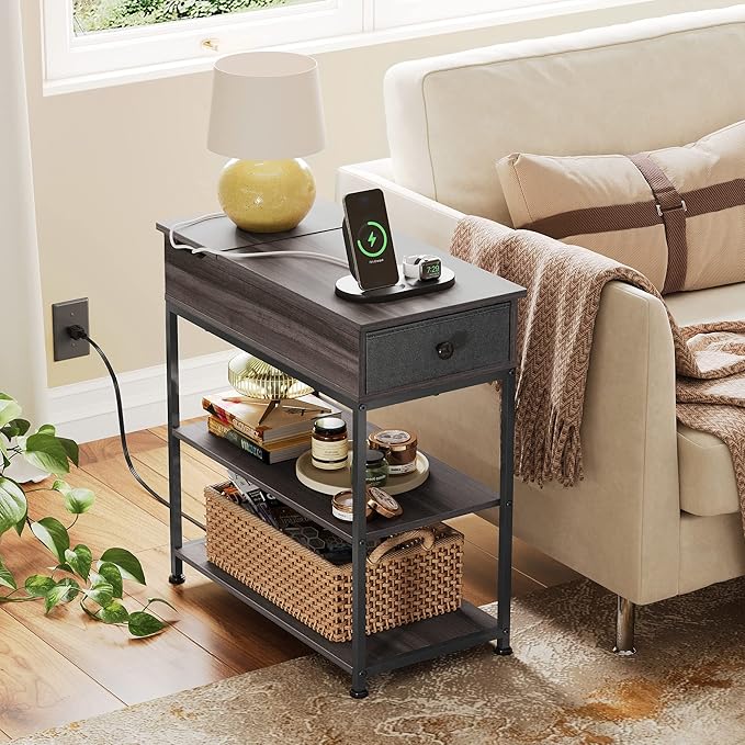 WLIVE Small Side Tables Living Room with Charging Station, Narrow End Table for Bedroom, Home Office, Small Spaces, Grey Couch Side Table with Storage, USB Ports and Outlets