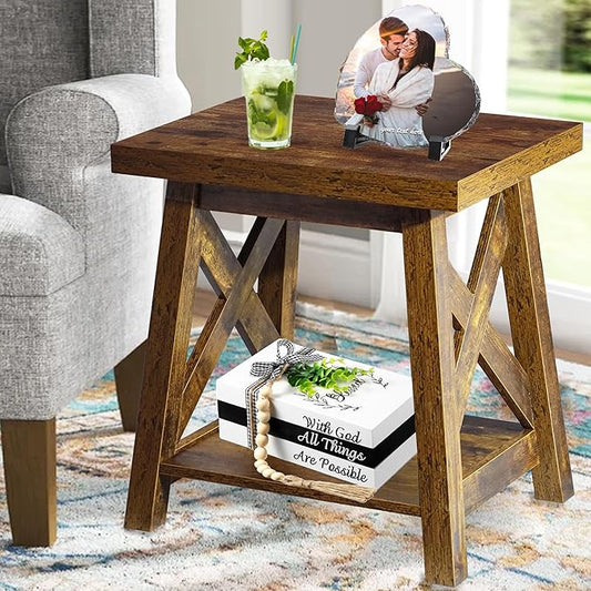 Rustic End Table, Farmhouse Side Table with Storage Shelf, Wood Side Table for Living Room, Accent Table for Small Spaces, Brown