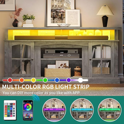 YITAHOME LED Farmhouse TV Stand for 75 Inch w/Outlets, Modern Entertainment Center with Glass Doors and Adjustable Storage Shelves, Media Console TV Cabinet for for Living Room, Grey