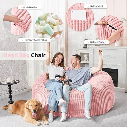 HABUTWAY 5FT Bean Bag Chair, 5' Large Bean Bag Chairs for Adults with Removable Stripe Plush Cover, Memory Foam Beanbag Chair for Living Room Bedroom Dorm (Tender Pink)