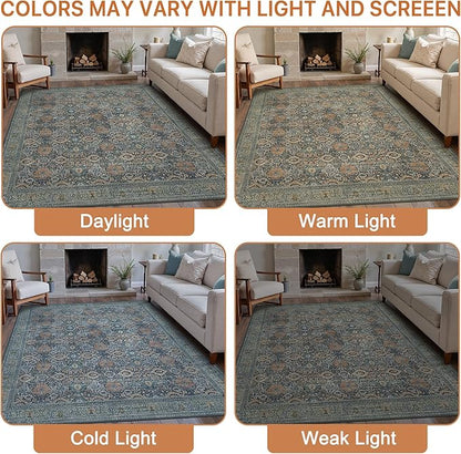 10X14 Area Rugs Machine Washable Rugs for Living Room, Vintage Boho Large Rugs for Bedroom Dining Room, Non Slip Indoor Soft Distressed Lightweight Thin Low Pile Carpet, Beige Blue Grey
