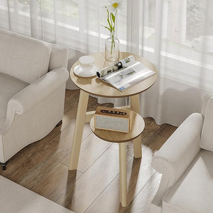 ChooChoo Round End Table Set of 2, Narrow Side Table for Small Spaces, Accent Table Night Stand with 2 Tier Shelf for Bedroom and Living Room, Natural