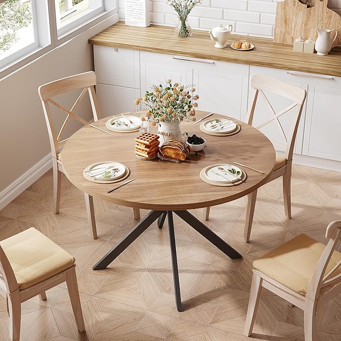 ChooChoo 47.2 Inch Round Dining Table for 4, Farmhouse Wood Kitchen Table, Circle Dinner Table for Kitchen & Dining Room, Walnut
