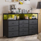 55W 10-Drawers Dresser with 2 Open Storage Shelves, TV Stand Dresser for 55,65 inch TV，with Power Outlets and LED Lights, Fabric Dressers Drawers for Bedroom, Living Room (Black)