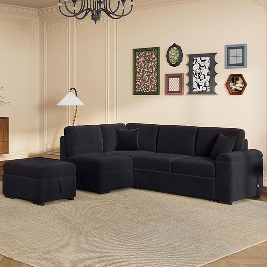 Ball & Cast Sleeper Sofa Bed L Shaped Couch with Storage Otooman and Cup Holder,L-Shaped Sectional Couch w/Hidden Arm Storage & USB Charge,4-Seater Sectional Sofa for Living Room,Apartment,Black