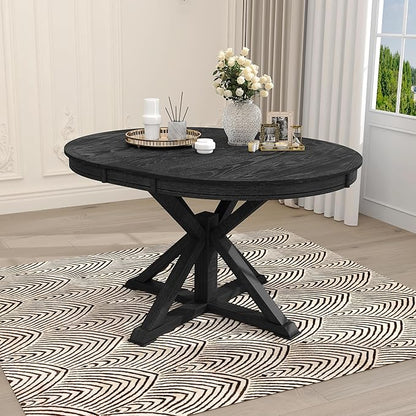 Retro Style Round Dining Table with 12" Removable Leaf for Kitchen/Living Room, Space-saving Solid Wood Tabletop Extendable Circular to Oval (42" to 54") with X-shaped Base Legs for Apartment Bistro