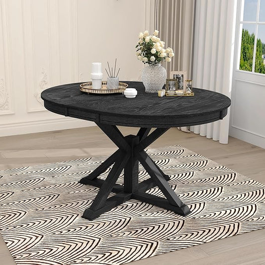 Retro Style Round Dining Table with 12" Removable Leaf for Kitchen/Living Room, Space-saving Solid Wood Tabletop Extendable Circular to Oval (42" to 54") with X-shaped Base Legs for Apartment Bistro