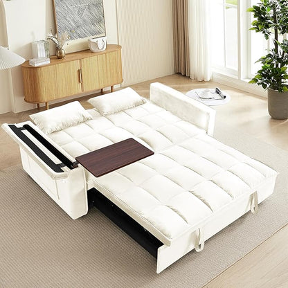 Ball & Cast 55" 3 in 1 Sleeper Sofa Bed Velvet Upholstered Pull Out Couch with Adjustable Back & 2 Pillows,Convertible Futon Sofa Bed W/Hidden Side Table,Side Pocket & USB Port,for Living Room,Beige