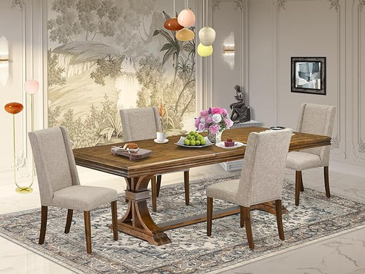 NEFL5-AWA-04-5-Piece Dining Room Set Consists of a Wooden Table and 4 Light Tan Linen Fabric upholstered Chairs with Padded Chair Back - Antique Walnut Finish.