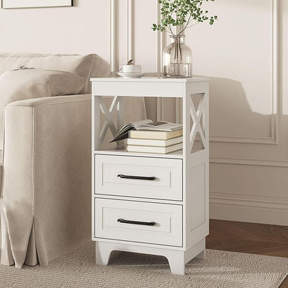 Tall Nightstand Set of 2 Side Table with 2 Drawers Modern Night Stand Wooden End Table Bedside Table with Upper Open Shelf Solid Feet for Bedroom, Living Room, White