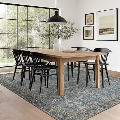 6X9 Area Rugs Machine Washable Rugs for Living Room, Vintage Boho Large Rugs for Bedroom Dining Room, Non Slip Indoor Soft Distressed Lightweight Thin Low Pile Carpet, Vintage Blue