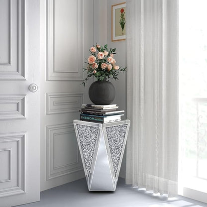 ENENE 19.7" Mirrored End Table Crystal Diamond Setting Coffee Table Silver Glass Side Table Pedestal Stand for Hallway, Living Room, Corner, Bedroom, Sofa