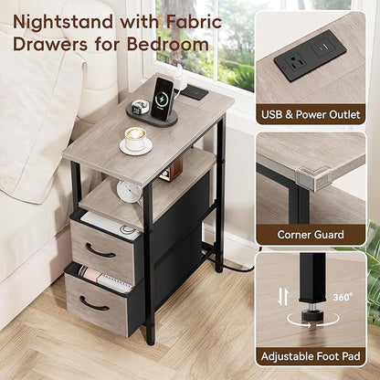 Vagusicc End Table with Charging Station Set of 2, Narrow Side Table, 23.8'' Tall Nightstand with 2 Drawers, Small Sofa Side Table Narrow Nightstand for Small Spaces, Living Room, Bedroom, Rustic Grey