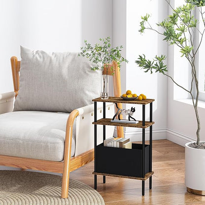 Narrow Side Table with Fabric Basket, Set of 2 End Table for Small Spaces, Slim Nightstand with 3-Tier Storage Shelf, Sofa Beside Table, for Living Room, Bed Room, Rustic Brown