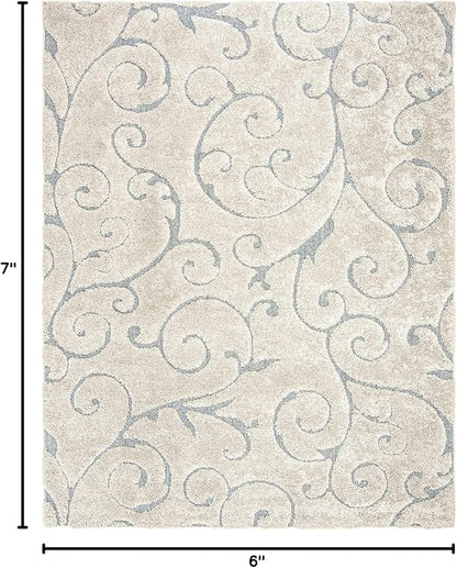 SAFAVIEH Florida Shag Collection Area Rug - 5'3" x 7'6", Beige & Blue Grey, Scroll Design, Non-Shedding & Easy Care, 1.2-inch Thick Ideal for High Traffic Areas in Living Room, Bedroom (SG455-1155)
