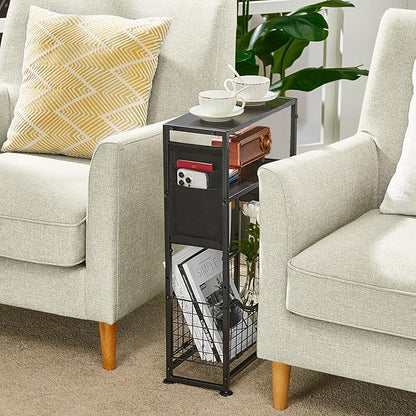 Narrow Side Table, Skinny Small End Tables with Magazine Holder, 3 Tier Small Sofa Side Table for Smalls Spaces, Sofa Couch Tables Bedside Table for Living Room Bedroom Office