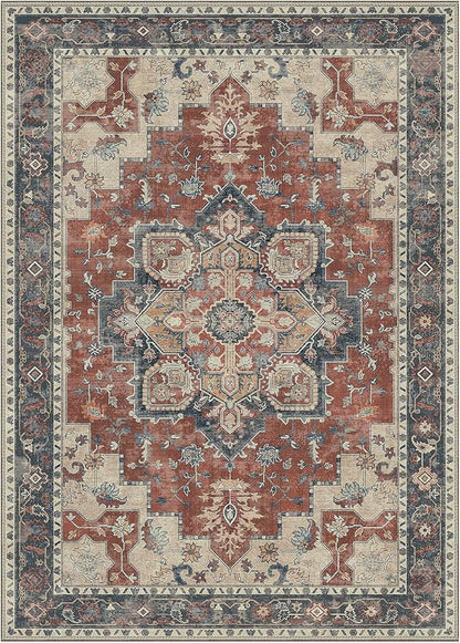 GENIMO 10x14 Area Rugs for Living Room, Machine Washable Non Slip Vintage Rugs, Low Pile Lightweight Chenille Print Rug for Bedroom, Dining Room, Home Office,Bordeaux