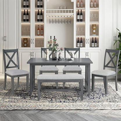 Ball & Cast 6-Piece Dining Table Set, 60" Wood Dining Kitchen Table & Chairs Set, Rectangular Dining Room Foldable Table with 4 Upholstered Chairs & 1 Bench,Perfect for Dining Room, Kitchen, Gray