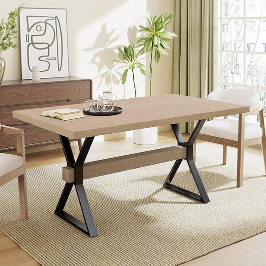 Christopher Knight Home Keyats 63 Inch Dining Table for 6 People, Modern Farmhouse Kitchen Table with X-Shaped Metal Legs, Rectangular Dinner Furniture for Dining Room, Home Office, Light Ash