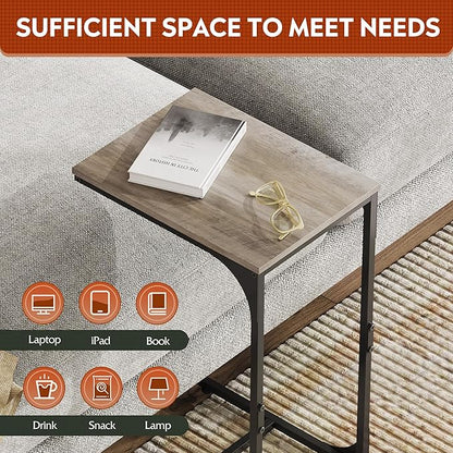 WLIVE C Shaped End Table, Small Couch Side Tables with Metal Frame, Sofa Table TV Tray for Living Room, Bedroom, Greige