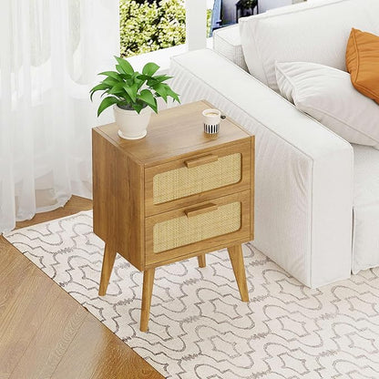 Rattan Nightstand,End Table, Side Table with 2 Hand Made Rattan Decorated Drawers,Boho Bedside Table,Wood Accent Table with Storage for Livingroom, Bedroom, Toffee Wood CTG59T