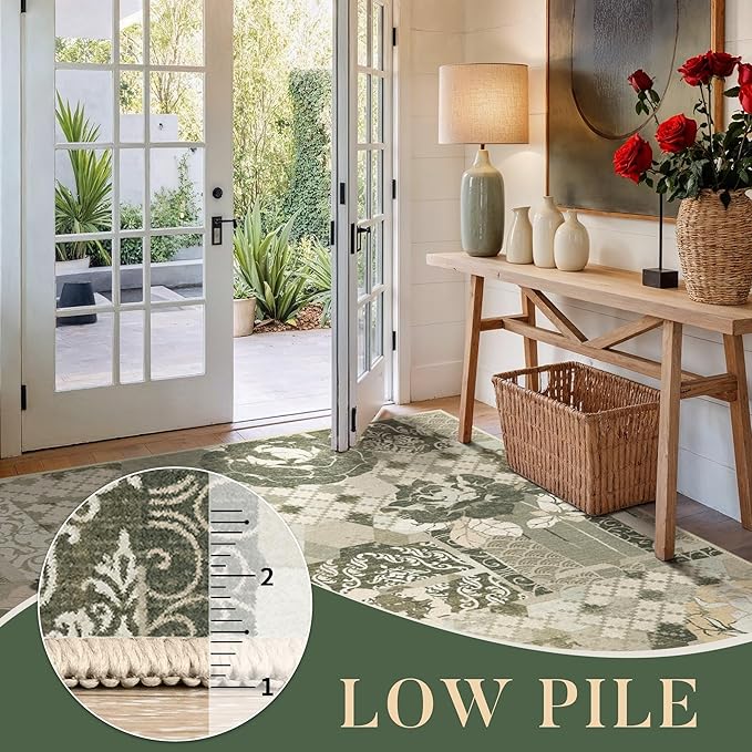 GENIMO Floral Runner Rug 2X6, Machine Washable Non Slip Vintage Patchwork Hallway Runner, Ultra-Thin Low Pile Runners for Indoor Entryway, Hallway, Kitchen and Corridor, Taupe Gray