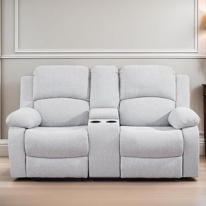 Loveseat Recliner Sofa, Reclining Loveseat Couch with Storage Console, Modern Comfy Home Theater Seating Power Recliner Chair with Cup Holders for Living Room Furniture Sets, Grey White