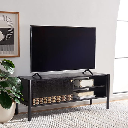 SAFAVIEH Home Collection Errington Black/Gold Accents Solid Wood 2-Shelf Media Stand