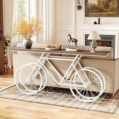 LITTLE TREE Narrow Sofa Table, 70.9-Inch Extra Long Console Table for Living Room, Entryway, with Unique Bicycle Metal Base. White and Brown