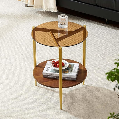 Round End Table, Mid-Century Modern Design, D20*H23 inch, for Living Room, 2-Tier Structure, Amber Glass Top and Walnut MDF Shelf, Sleek Conical Metal Legs with Gold Finish