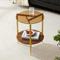 Round End Table, Mid-Century Modern Design, D20*H23 inch, for Living Room, 2-Tier Structure, Amber Glass Top and Walnut MDF Shelf, Sleek Conical Metal Legs with Gold Finish