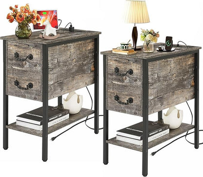 VECELO End Tables,Narrow Nightstands with Charging Station & USB Ports &Drawers,Night Stand for Living Room, Bedroom,Misty Gray