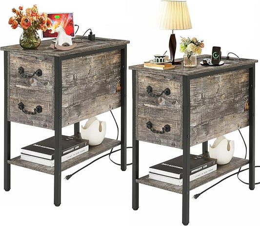 VECELO End Tables,Narrow Nightstands with Charging Station & USB Ports &Drawers,Night Stand for Living Room, Bedroom,Misty Gray
