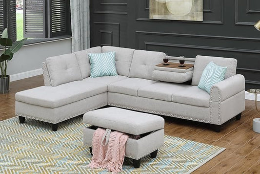 Evan Sectional Sofa or Couch with Ottoman for Living Room, Apartment, Bedroom, Office