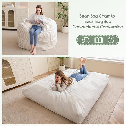 Giant Bean Bag Chair Bed for Adults, Convertible Beanbag Folds from Lazy Chair to Floor Mattress Bed with Machine Washable Cover, Large Floor Sofa Couch with High-Density Foam Filling
