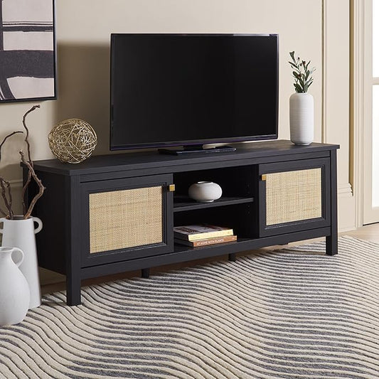 SAFAVIEH Evane TV Stand for up to 65" Flatscreen – Black & Natural, 2 Doors with Interior Storage, 2 Open Shelves, Entertainment Media Console (MED9629B)