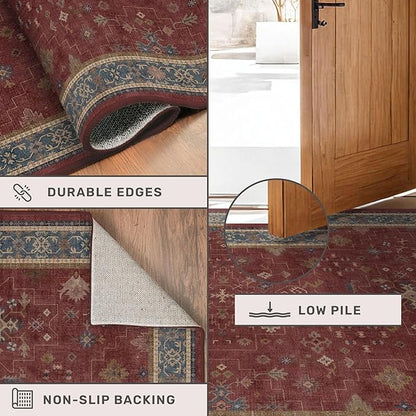 7x9 Dining Room Rugs for Under Table - Vintage Burgundy Boho Living Room Rug, Lightweight Washable Soft Floor Carpet,Southwestern Bed Room Décor Aesthetic