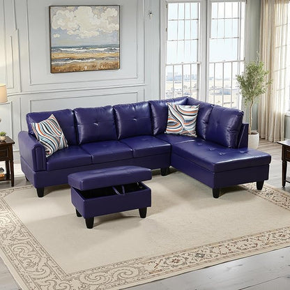 NicBex Sectional Couch 3 Pieces Sofa Set with Left Chaise Faux Leather L Shaped Cloud Couch for Living Room Furniture Sets with Storage Ottoman, Modular Sofa for Living Room & Apartment, Indigo