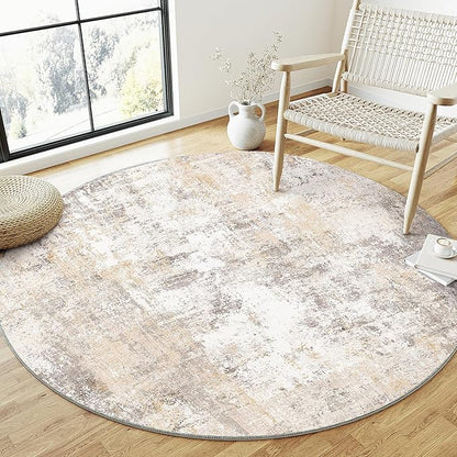 6x6 Washable Round Rug Beige Grey Neutral Abstract Living Room Bedroom Area Rug Non Slip Soft Low Pile Indoor Floor Carpet for Office Dining Room Kitchen Entryway