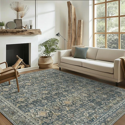 2X10 Area Rugs Machine Washable Rugs for Living Room, Vintage Boho Large Rugs for Bedroom Dining Room, Non Slip Indoor Soft Distressed Lightweight Thin Low Pile Carpet, Deep