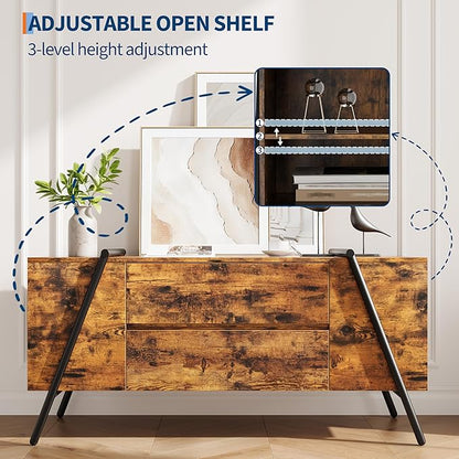 GarveeHome TV Stand for 47 Inch TV, Entertainment Center with 2 Drawers, Adjustable Shelves, U-Shaped Metal Legs, Farmhouse Wooden TV Console for Living Room, Bedroom, Amber Oak