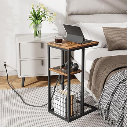 Vagusicc C Shaped End Table with Charging Station, Side Table for Couch, Small Side End Table for Small Spaces, 28" High Slide Under Sofa Table for Coffee, Tv Tray Table for Living Room, Rustic Brown